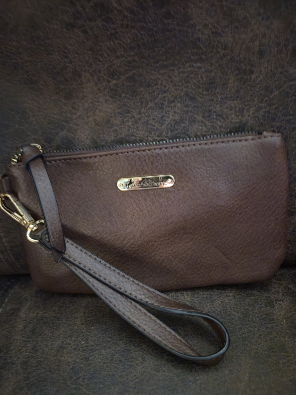 Montana West Brown Leather Wristlet Clutch with Gold Hardware
